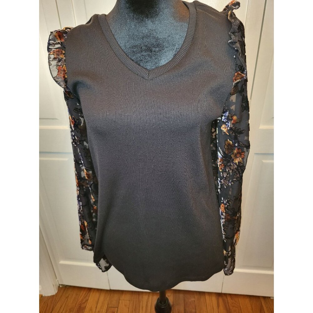 Black Knit Top Velvet Flocked Sheer Bell Sleeves M GrungeFairy Whimsygoth Boho